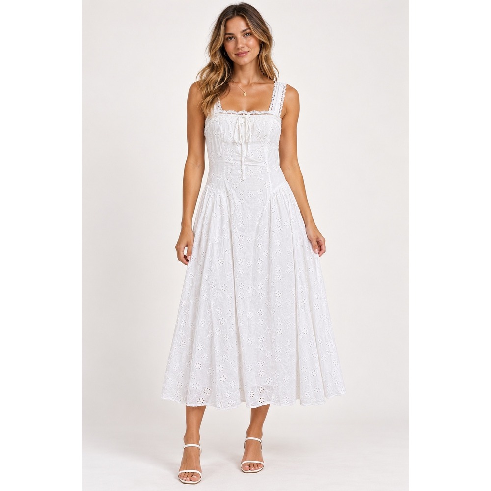 Cider Eyelet Midi Dress Womens Small White Lace Up Corset Cottagecore NWT Cotton